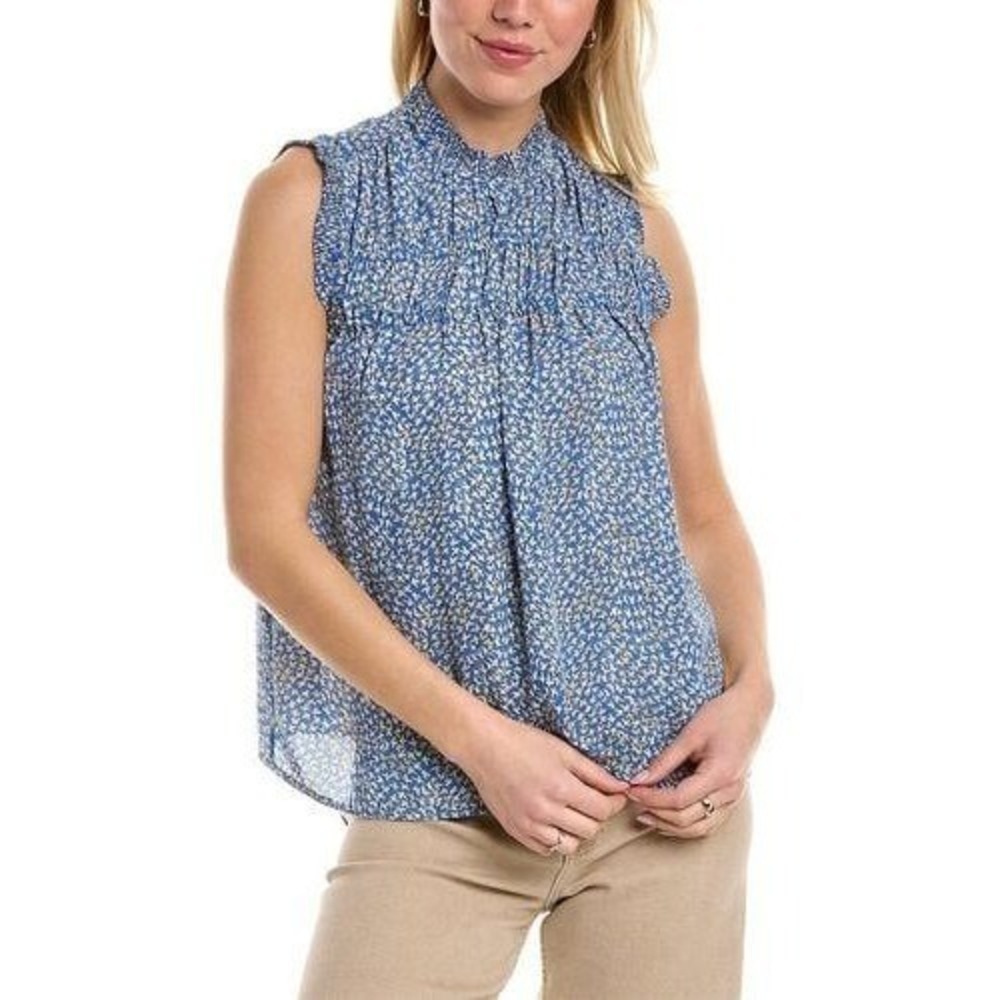 Max Studio Women Blue Yellow Butterfly Print Smocked Ruffle Mock Neck Blouse M
